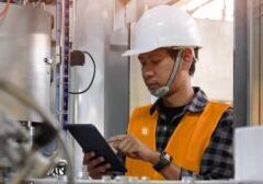 A Blentech service technician performing maintenance on industrial food processing equipment.