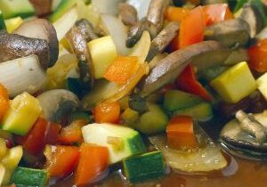 A pan full of juicy, delicious freshly sauteed organic vegetables