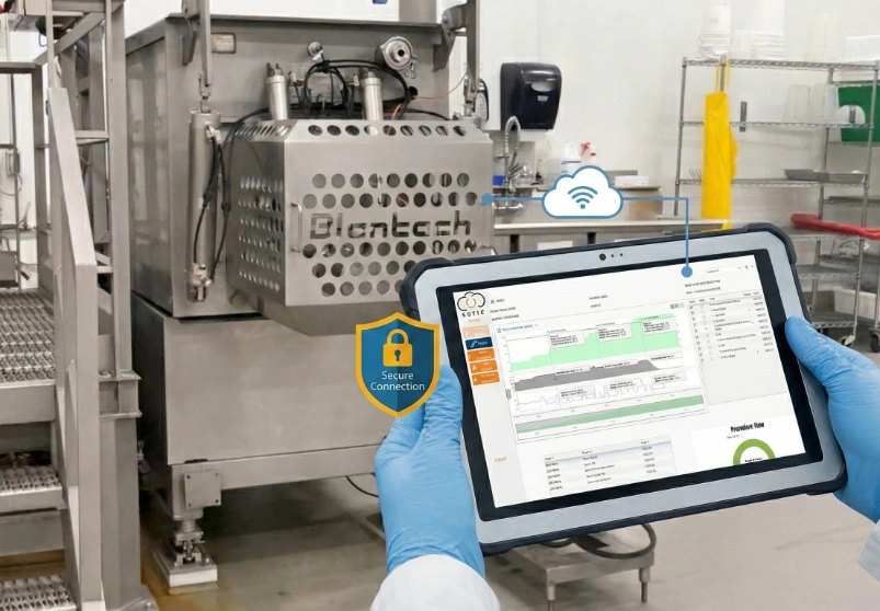 A manager's tablet clearly displaying the ARTIS dashboard with performance insights and efficiency graphs, in front of a Blentech Horizontal Kettle in a modern food processing facility.